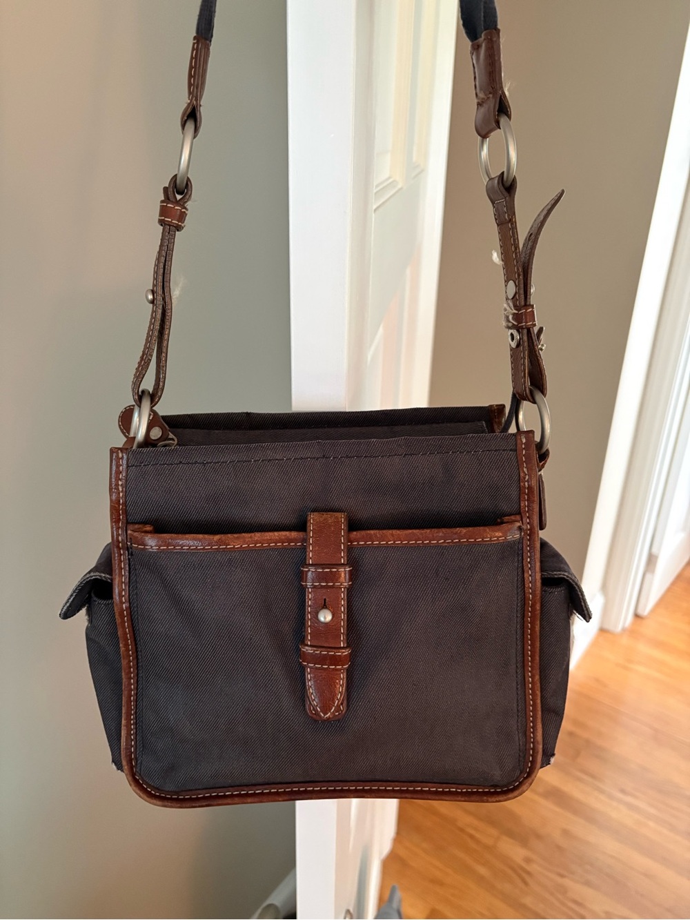 Fossil Brown and Dark Gray Canvas Crossbody Bag